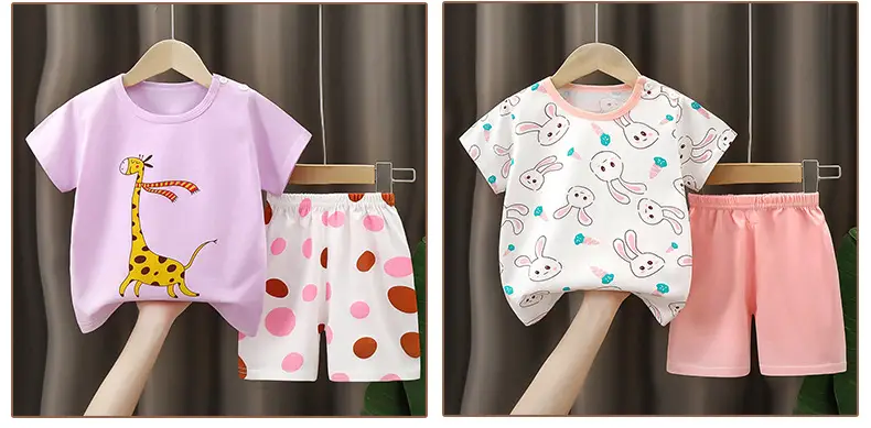 Children Cotton Giraffe T-Shirt Shorts Set Purple White — feature 17