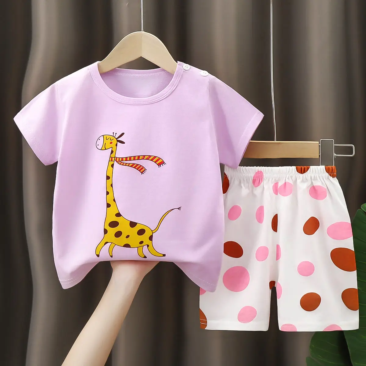 Children Cotton Giraffe T-Shirt Shorts Set Purple White - Image 7