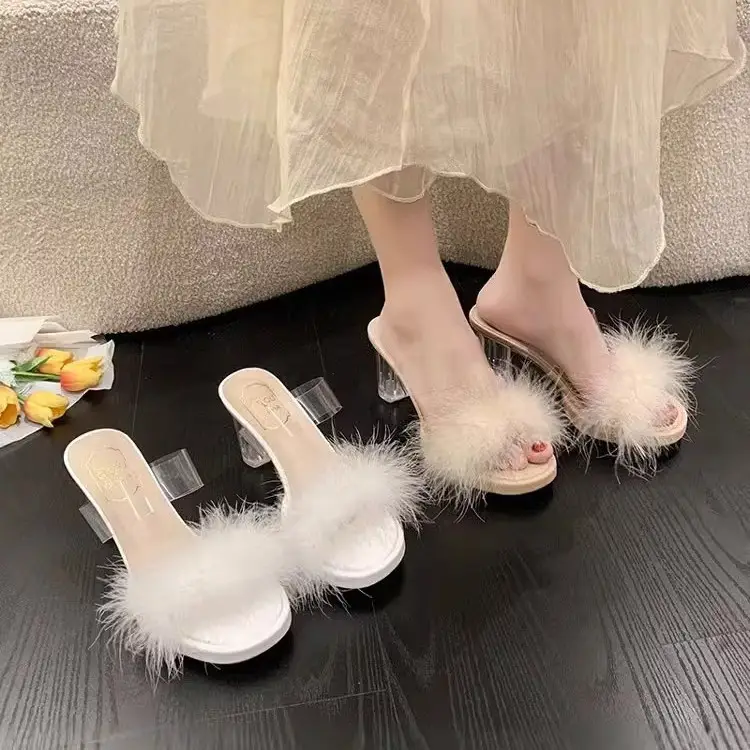 Furry Transparent Crystal High Heel Sandals for Women