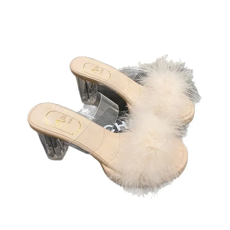 Furry Transparent Crystal High Heel Sandals for Women