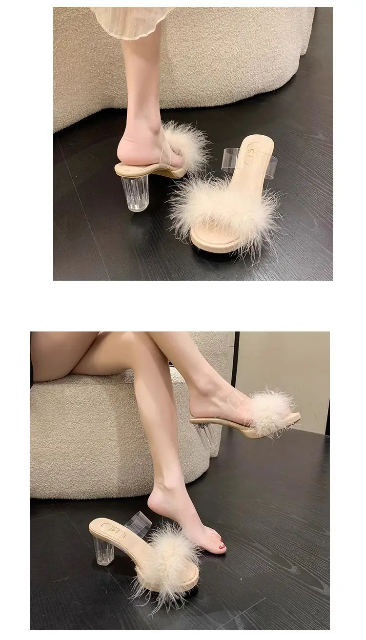 Furry Transparent Crystal High Heel Sandals for Women — feature 5