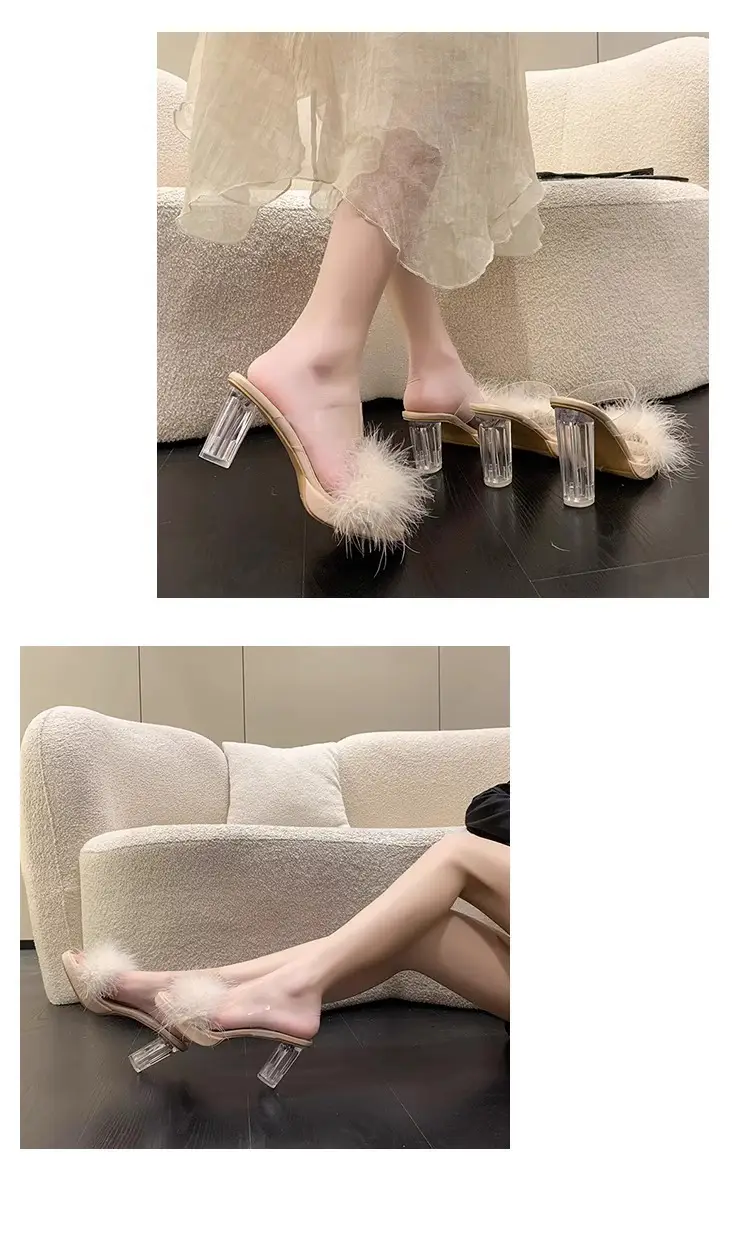 Furry Transparent Crystal High Heel Sandals for Women — feature 8
