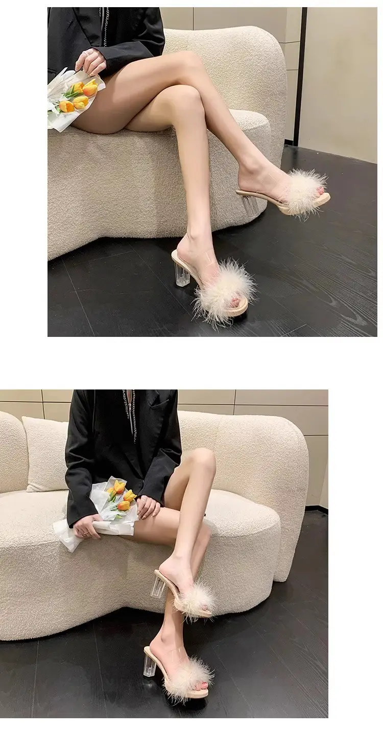 Furry Transparent Crystal High Heel Sandals for Women — feature 9