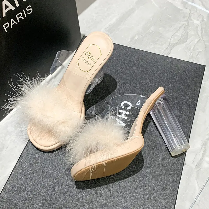 Furry Transparent Crystal High Heel Sandals for Women