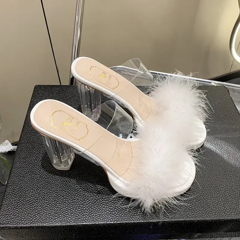 Furry Transparent Crystal High Heel Sandals for Women