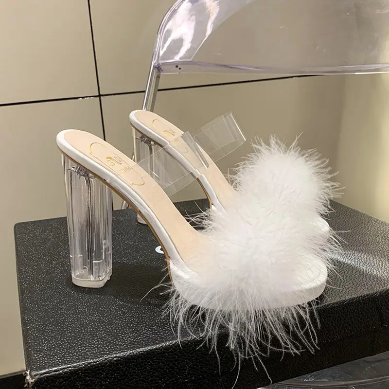 Furry Transparent Crystal High Heel Sandals for Women
