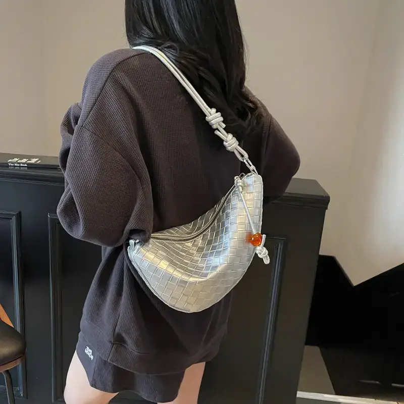 Black Woven Crescent Moon Shoulder Bag for Women - Image 7
