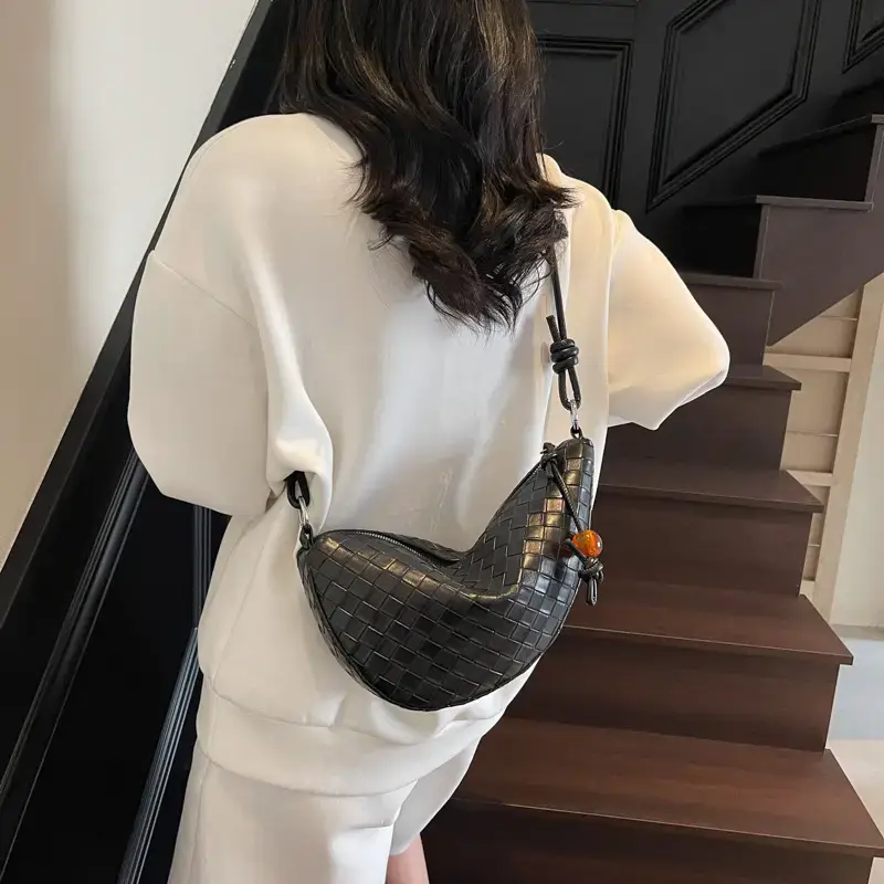 Black Woven Crescent Moon Shoulder Bag for Women - Image 8