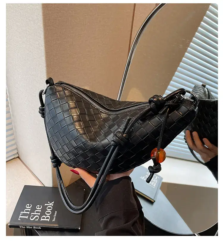Black Woven Crescent Moon Shoulder Bag for Women — feature 2