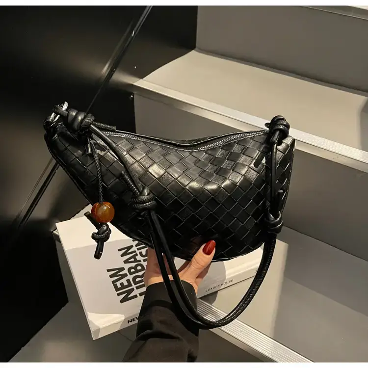 Black Woven Crescent Moon Shoulder Bag for Women — feature 50