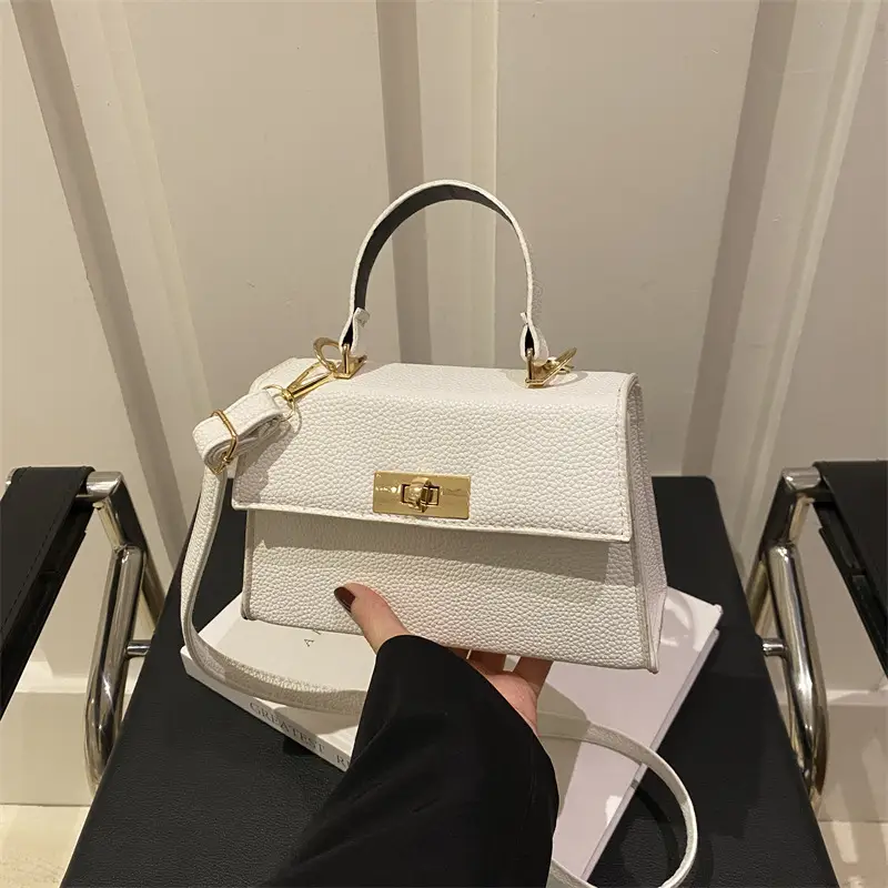 White Leather Shoulder Bag with Gold Hardware - Image 7