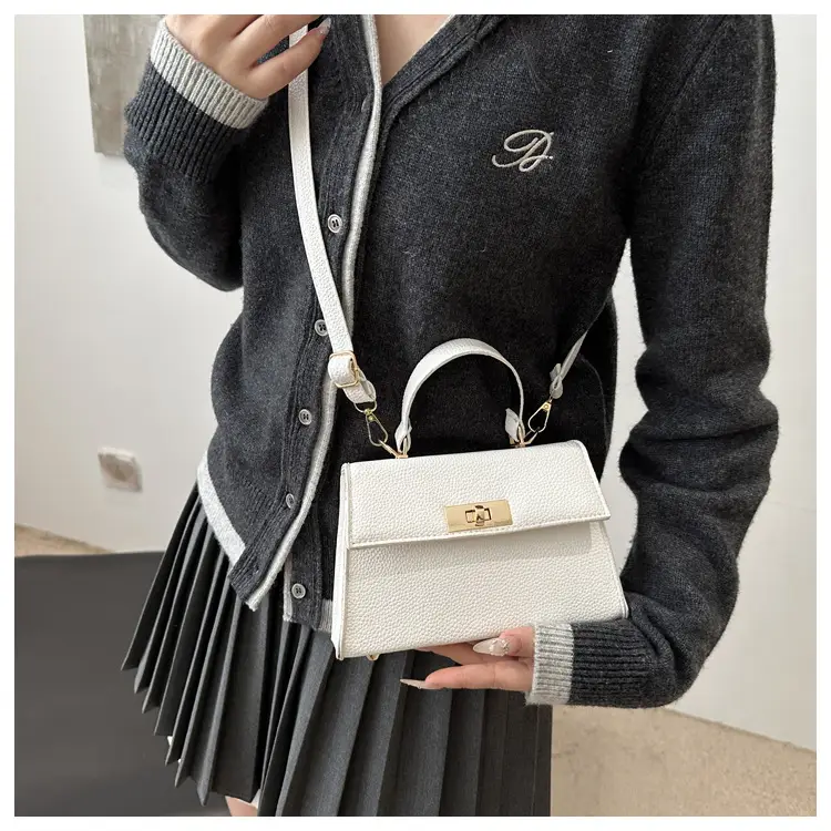 White Leather Shoulder Bag with Gold Hardware — feature 10
