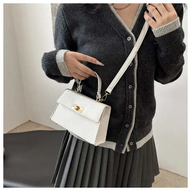 White Leather Shoulder Bag with Gold Hardware — feature 11