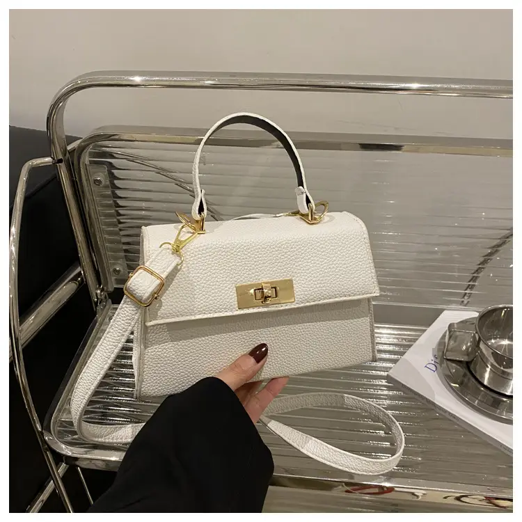 White Leather Shoulder Bag with Gold Hardware — feature 25