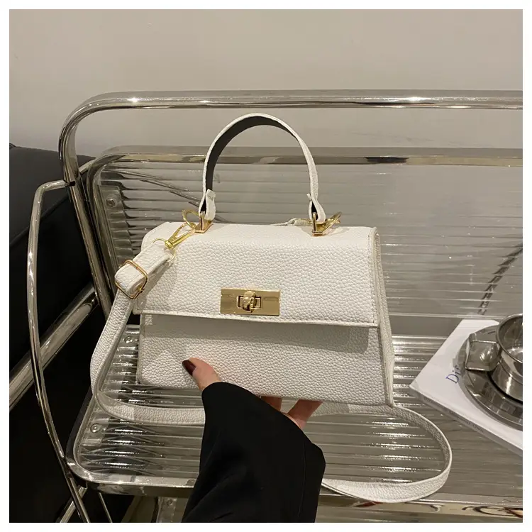 White Leather Shoulder Bag with Gold Hardware — feature 26