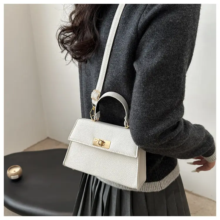 White Leather Shoulder Bag with Gold Hardware — feature 8