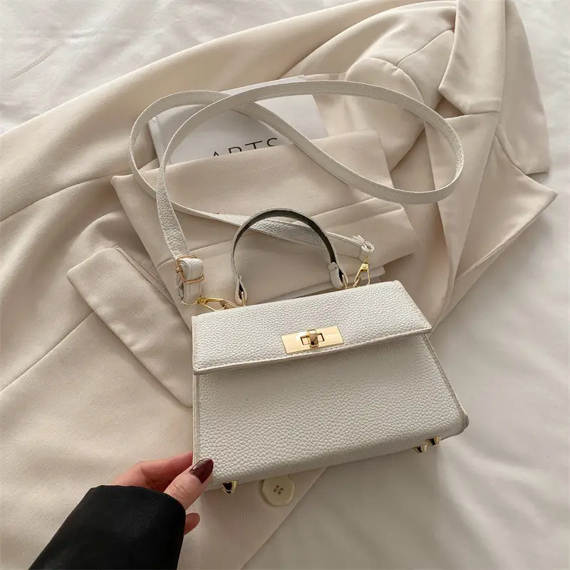 White Leather Shoulder Bag with Gold Hardware - Image 2