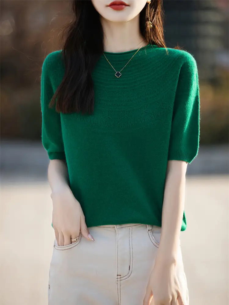 Women's Black Ribbed Short Sleeve Sweater 2025 Spring - Image 11