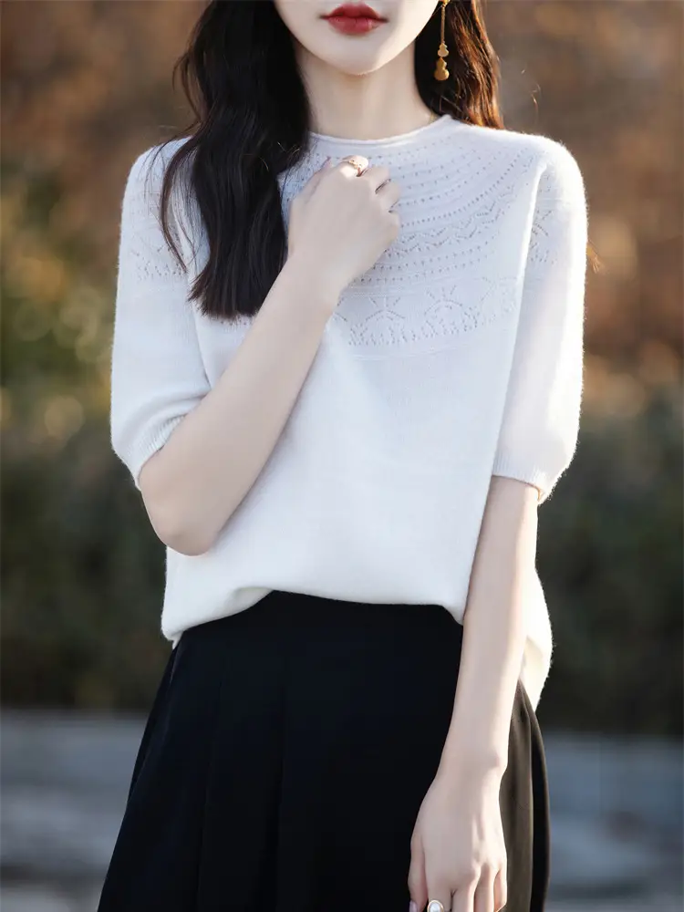 Women's Black Ribbed Short Sleeve Sweater 2025 Spring - Image 12