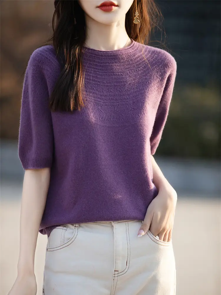 Women's Black Ribbed Short Sleeve Sweater 2025 Spring - Image 14