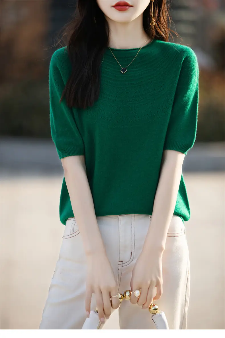 Women's Black Ribbed Short Sleeve Sweater 2025 Spring — feature 10
