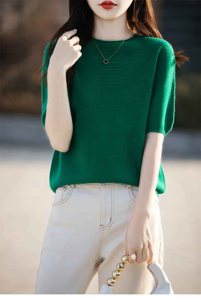 Women's Black Ribbed Short Sleeve Sweater 2025 Spring — feature 11