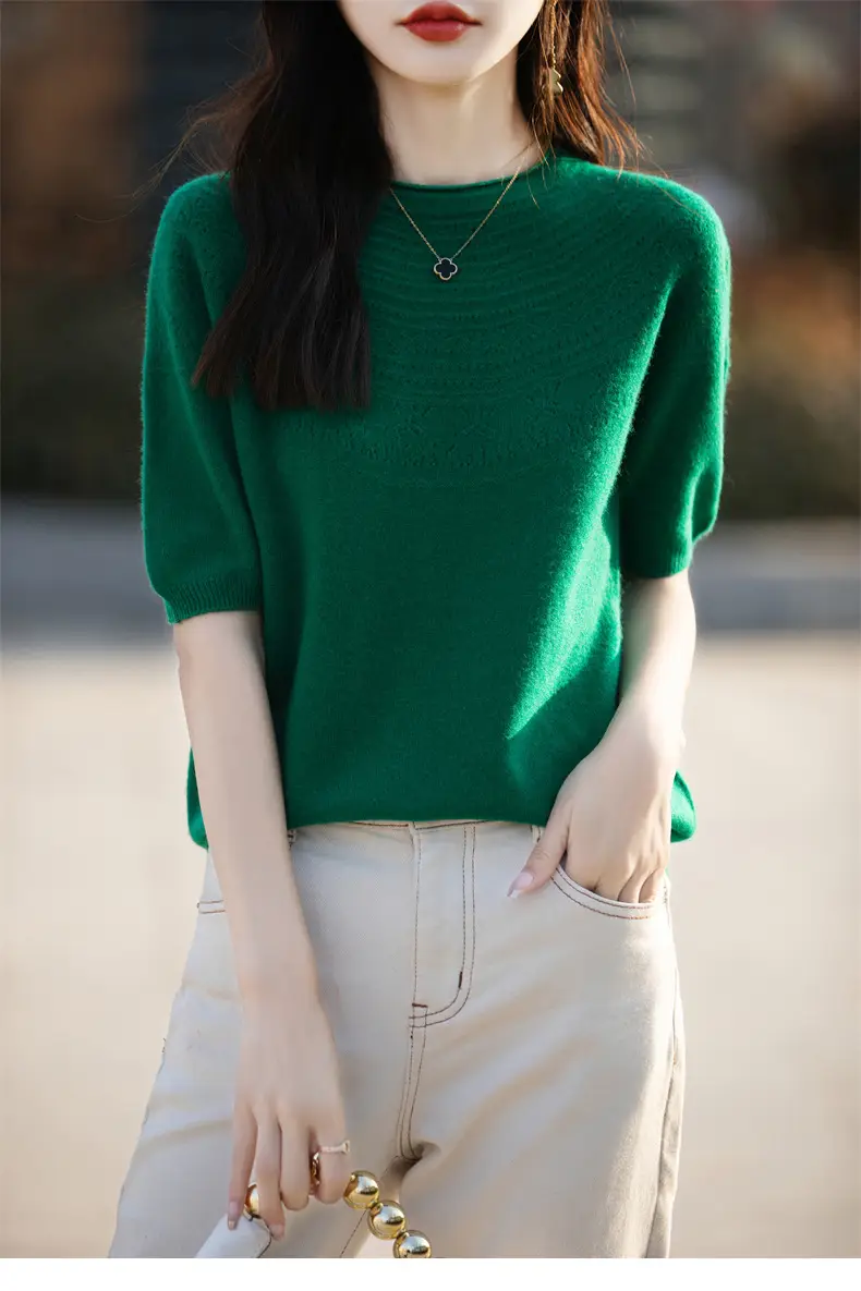 Women's Black Ribbed Short Sleeve Sweater 2025 Spring — feature 12