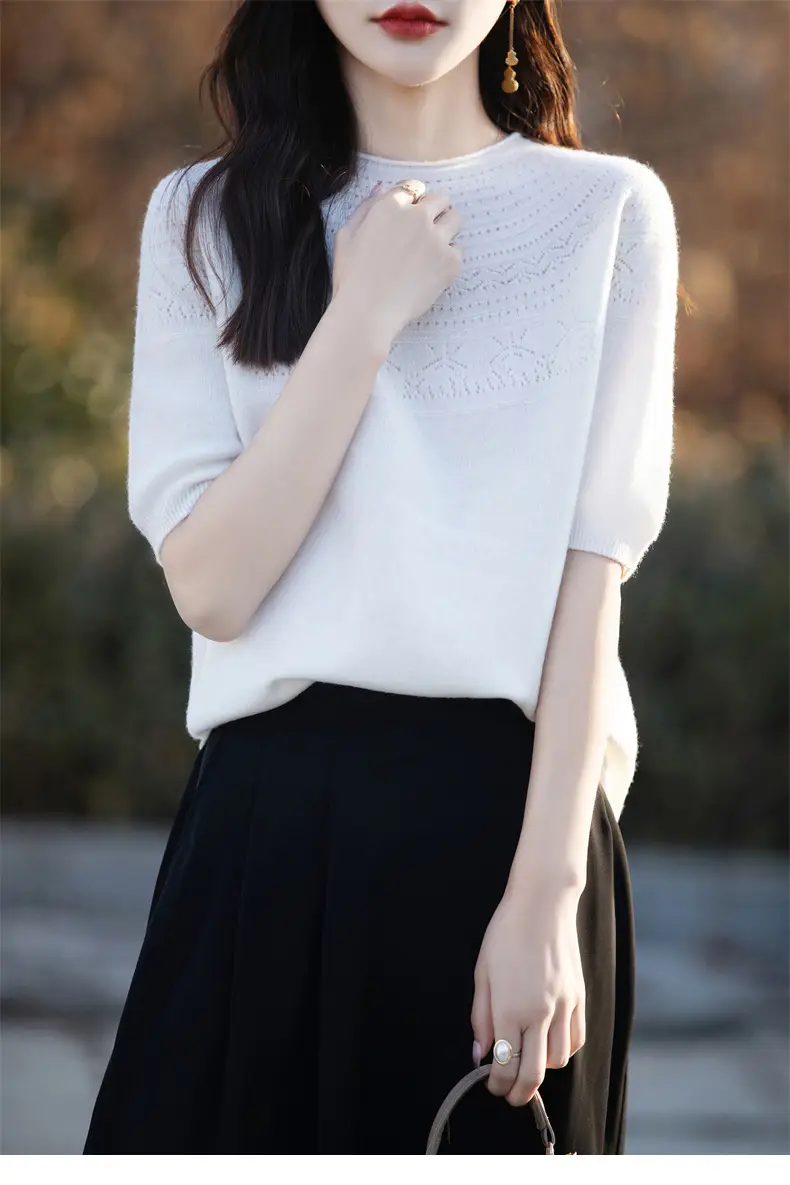 Women's Black Ribbed Short Sleeve Sweater 2025 Spring — feature 14