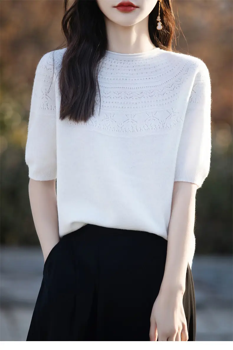 Women's Black Ribbed Short Sleeve Sweater 2025 Spring — feature 15