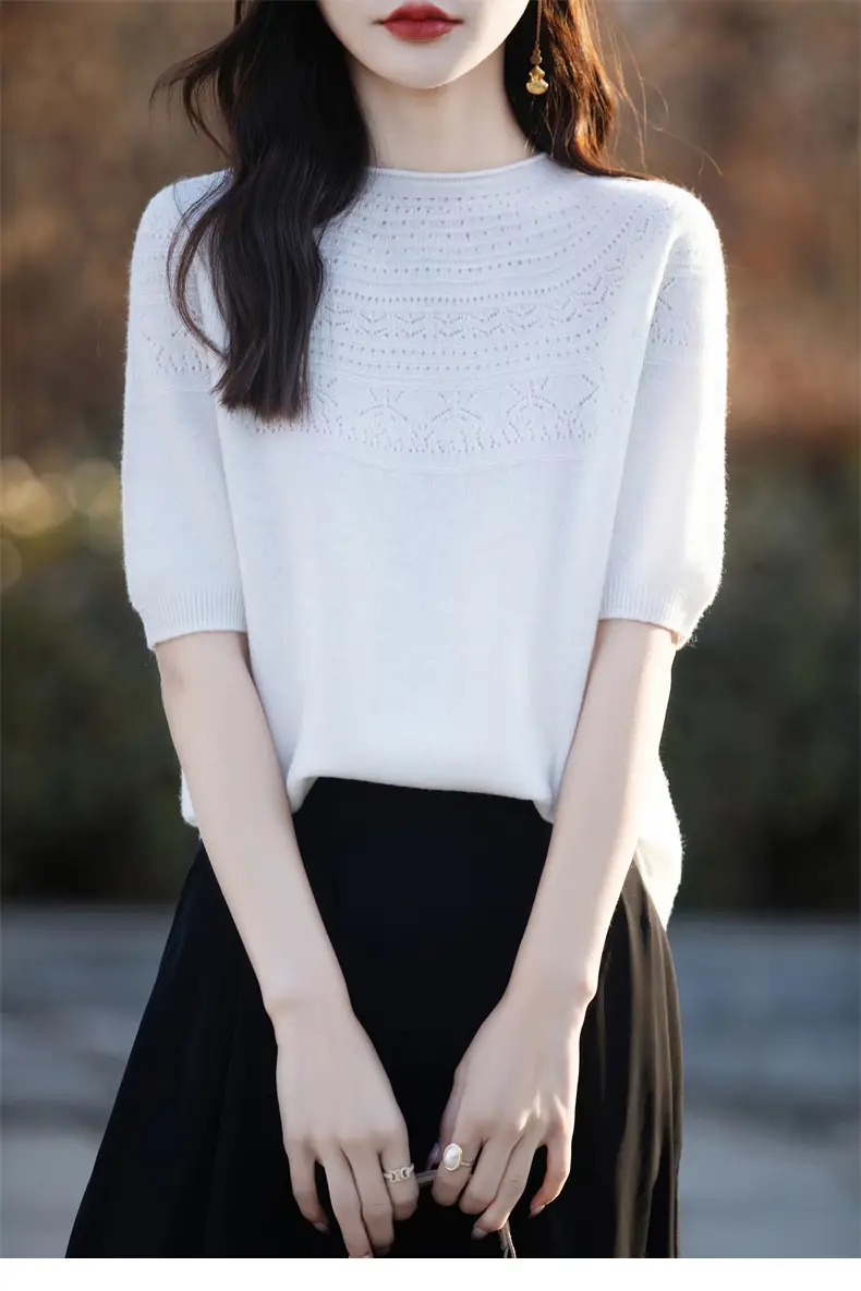 Women's Black Ribbed Short Sleeve Sweater 2025 Spring — feature 16