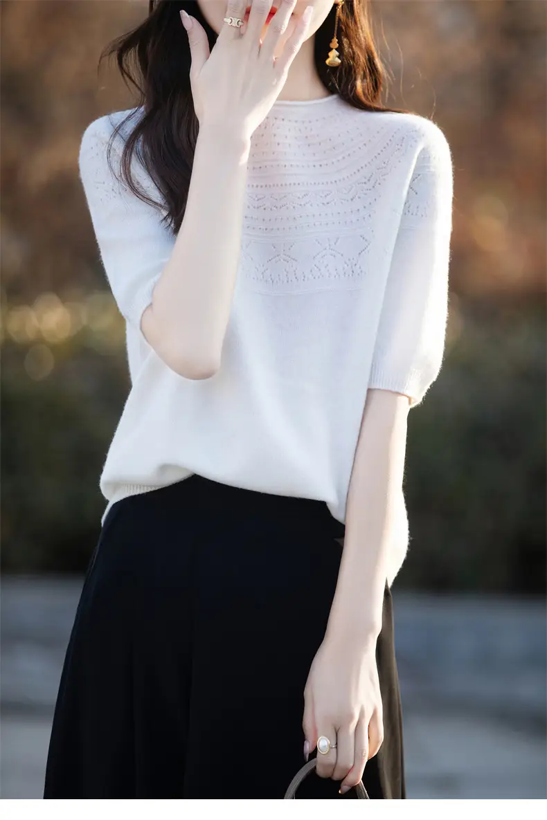 Women's Black Ribbed Short Sleeve Sweater 2025 Spring — feature 17