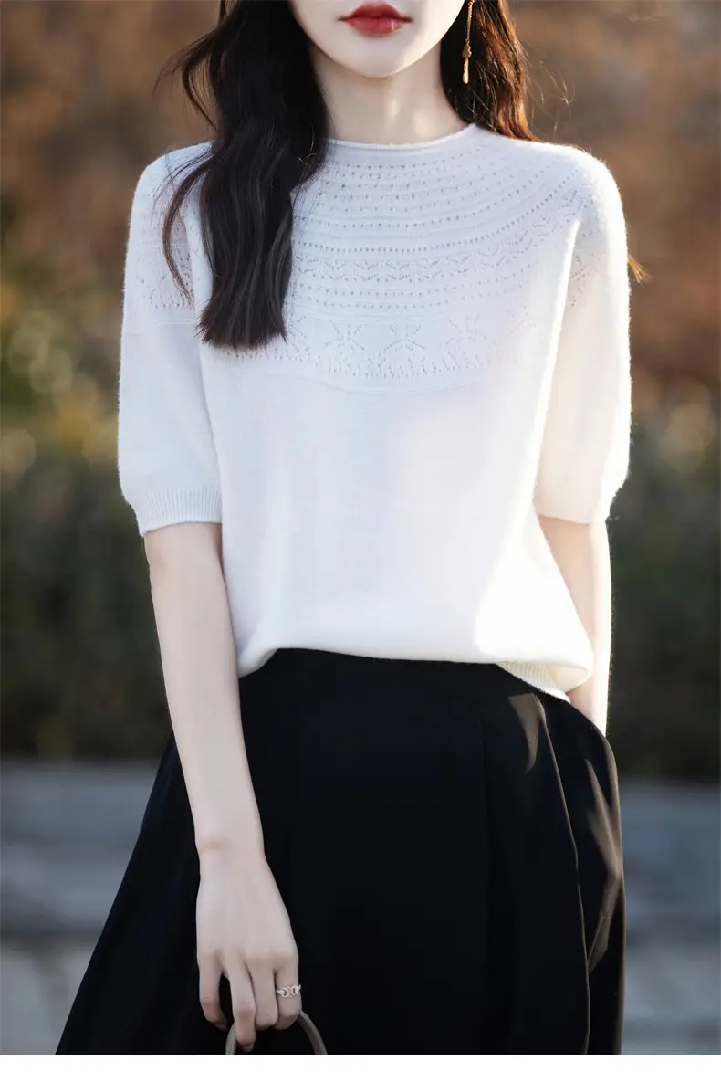 Women's Black Ribbed Short Sleeve Sweater 2025 Spring — feature 18