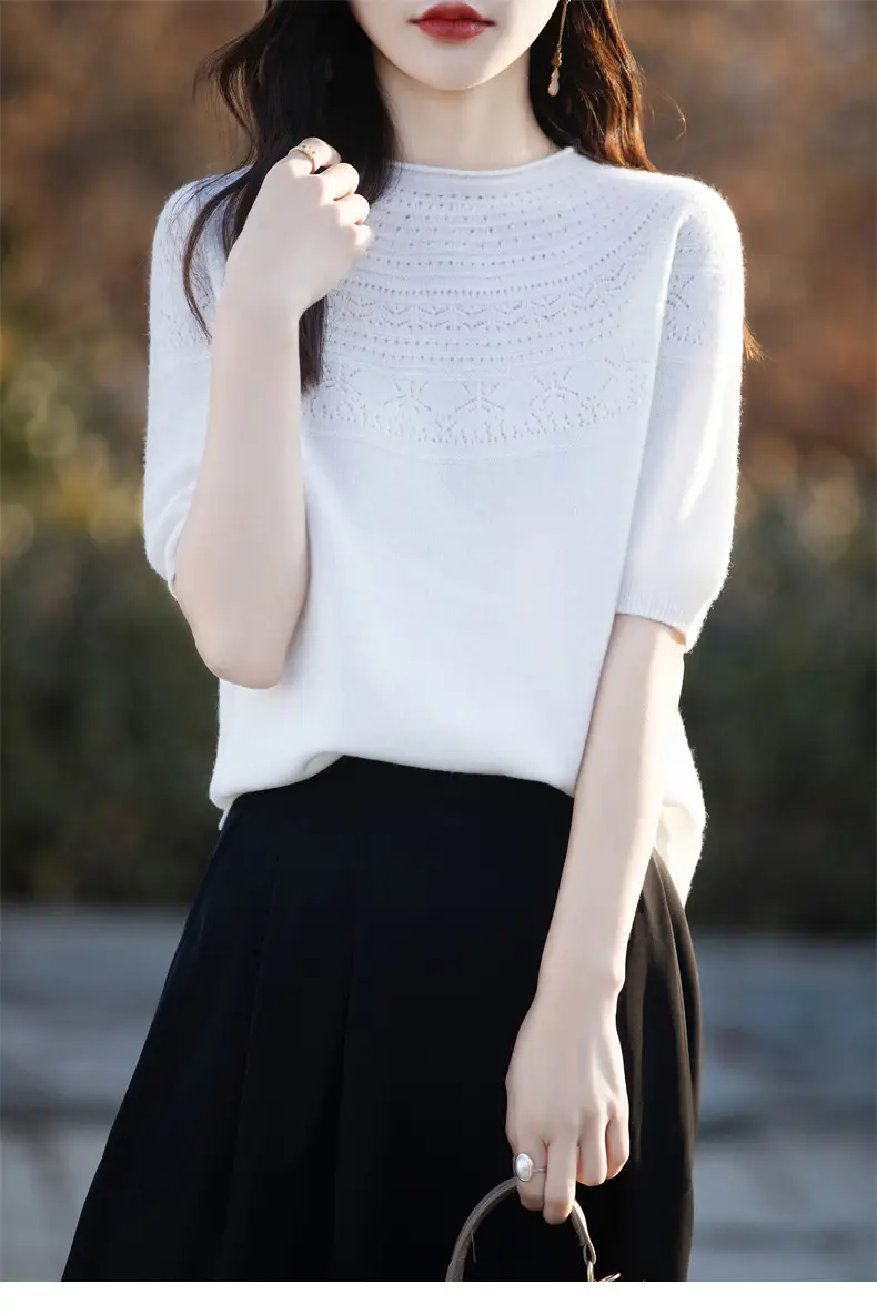 Women's Black Ribbed Short Sleeve Sweater 2025 Spring — feature 19