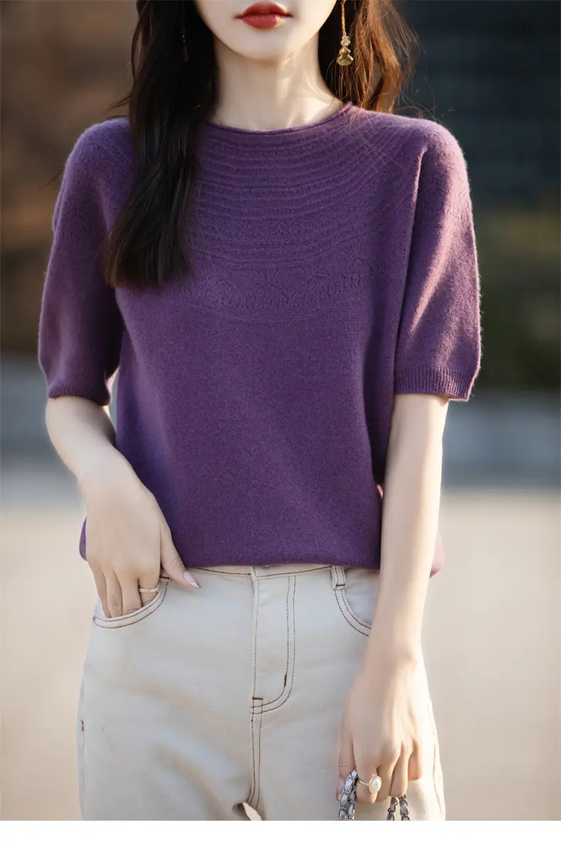 Women's Black Ribbed Short Sleeve Sweater 2025 Spring — feature 2