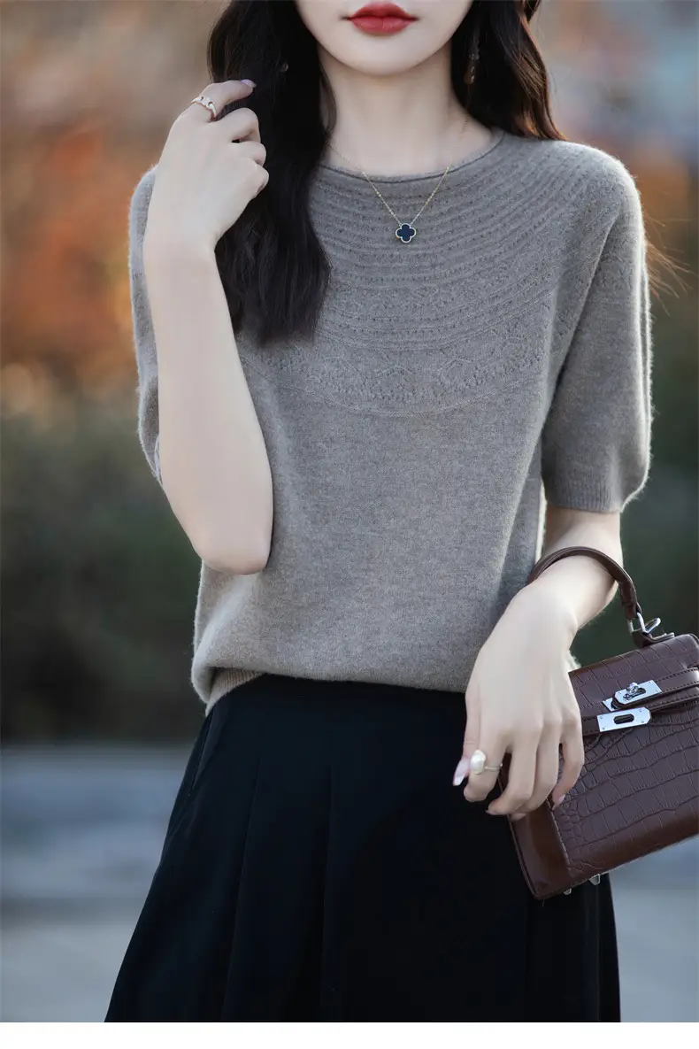 Women's Black Ribbed Short Sleeve Sweater 2025 Spring — feature 20