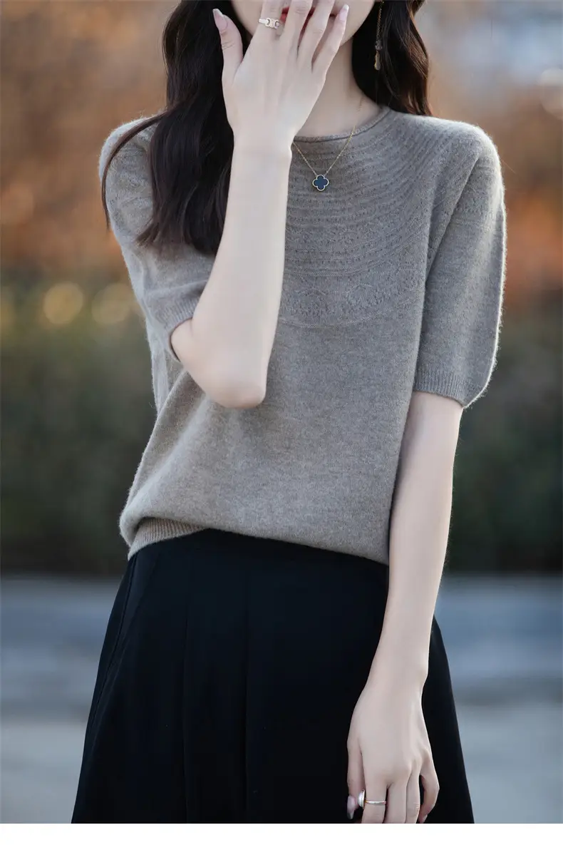 Women's Black Ribbed Short Sleeve Sweater 2025 Spring — feature 21