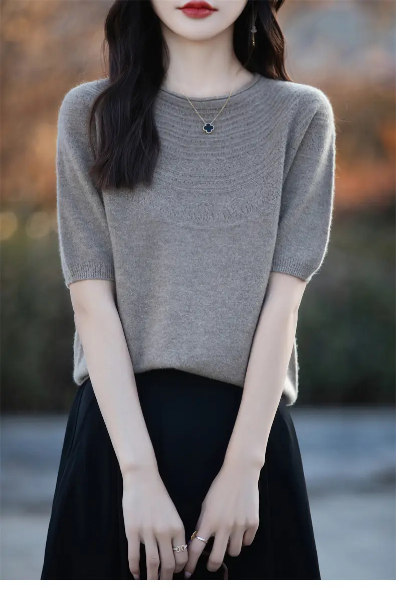 Women's Black Ribbed Short Sleeve Sweater 2025 Spring — feature 22