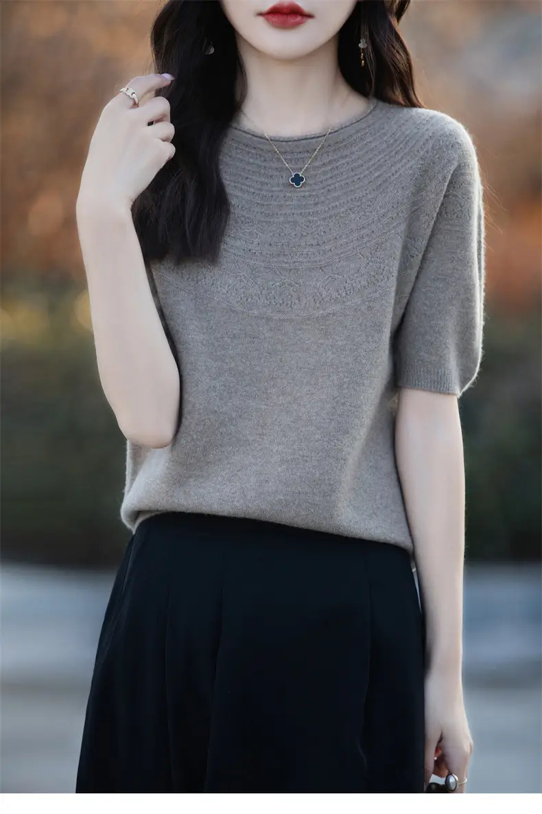 Women's Black Ribbed Short Sleeve Sweater 2025 Spring — feature 23