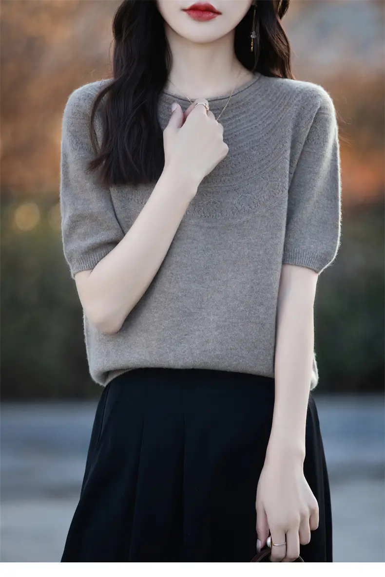 Women's Black Ribbed Short Sleeve Sweater 2025 Spring — feature 24