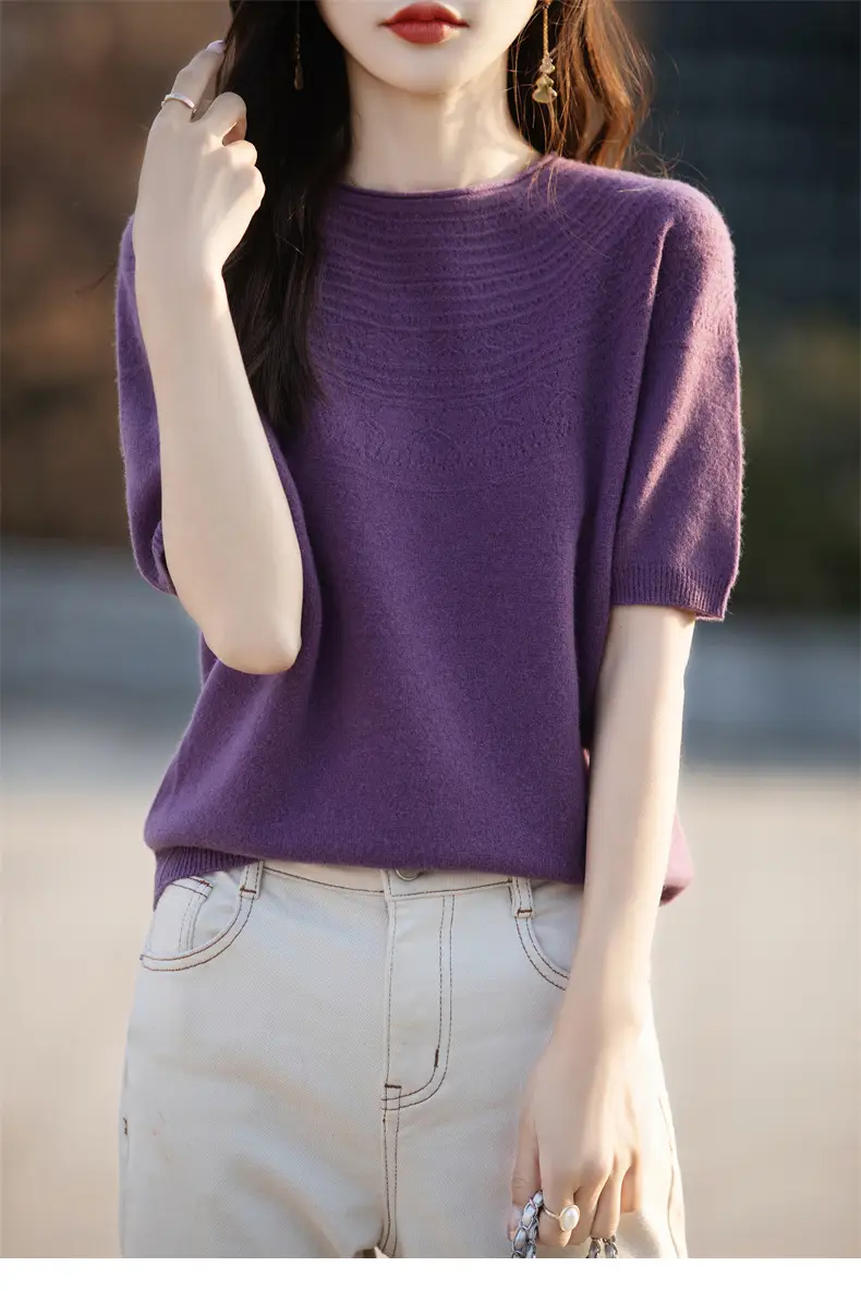Women's Black Ribbed Short Sleeve Sweater 2025 Spring — feature 25