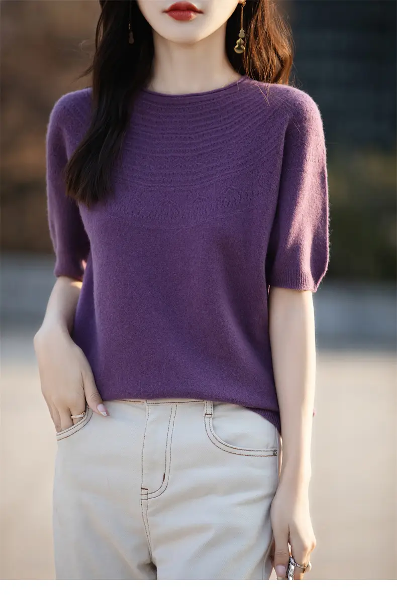 Women's Black Ribbed Short Sleeve Sweater 2025 Spring — feature 26