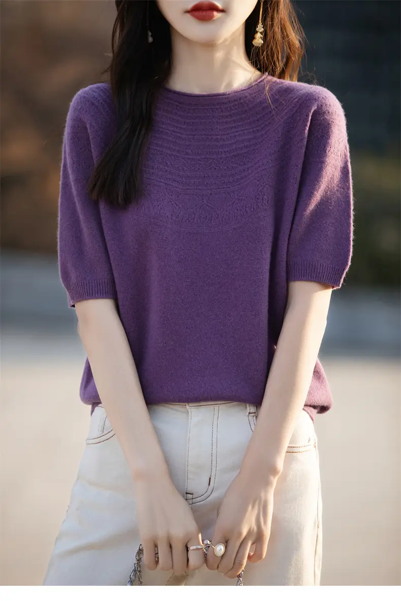 Women's Black Ribbed Short Sleeve Sweater 2025 Spring — feature 27