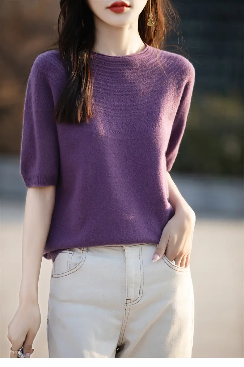 Women's Black Ribbed Short Sleeve Sweater 2025 Spring — feature 28