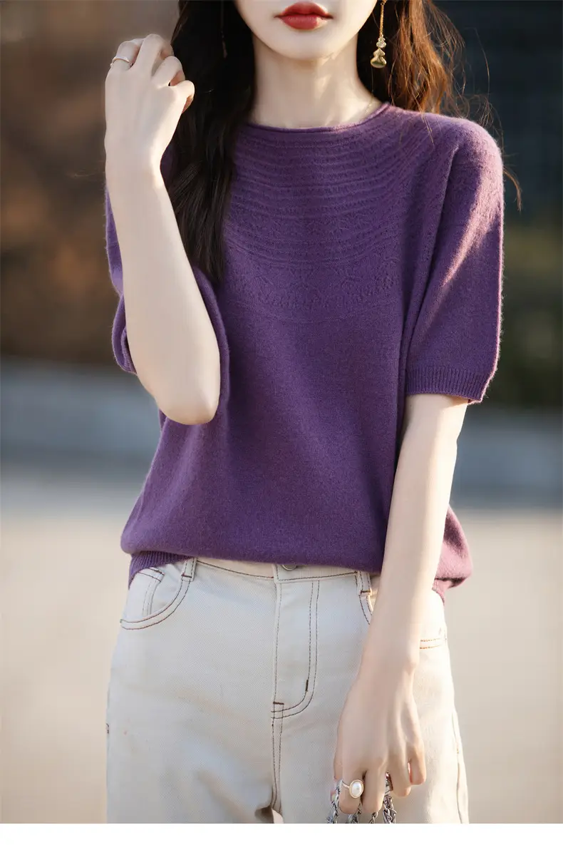 Women's Black Ribbed Short Sleeve Sweater 2025 Spring — feature 29