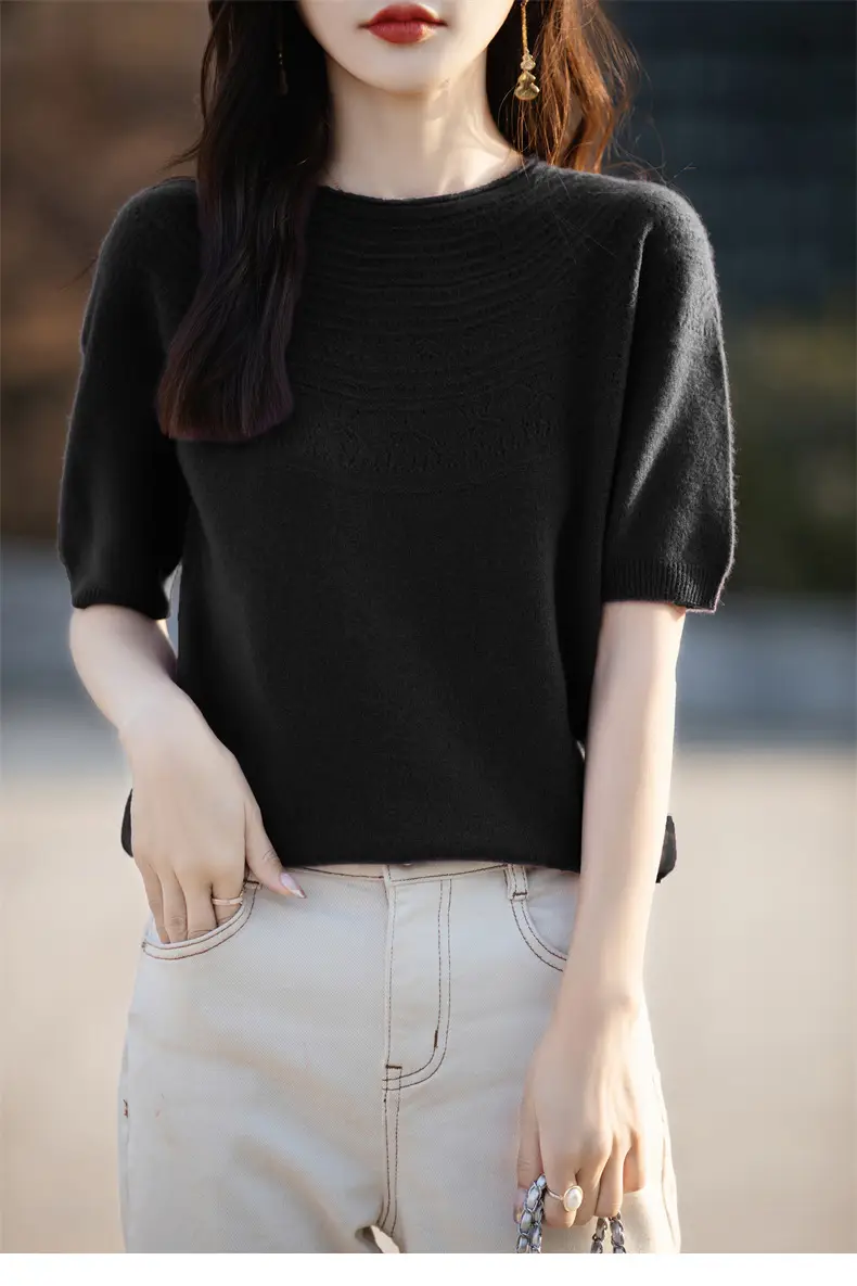 Women's Black Ribbed Short Sleeve Sweater 2025 Spring — feature 30