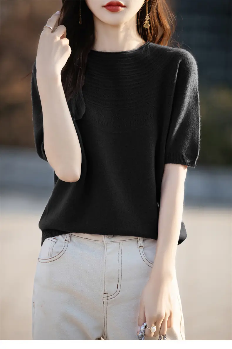 Women's Black Ribbed Short Sleeve Sweater 2025 Spring — feature 31