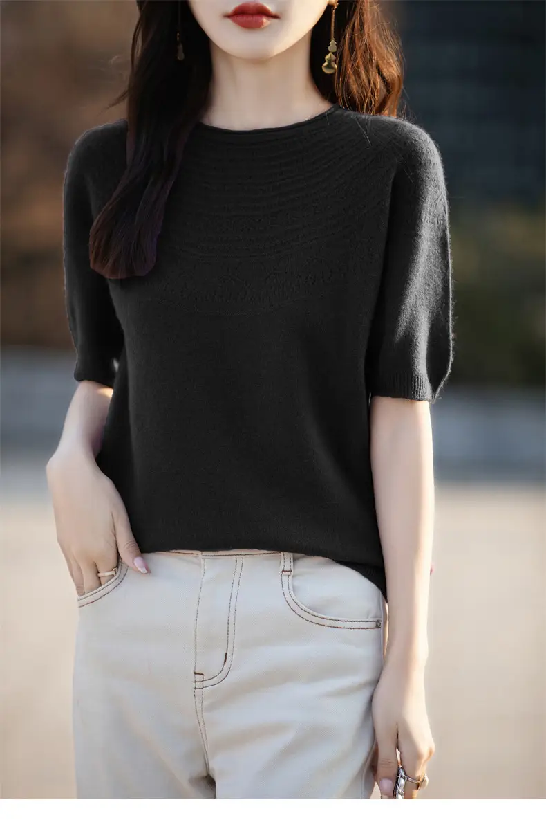 Women's Black Ribbed Short Sleeve Sweater 2025 Spring — feature 32