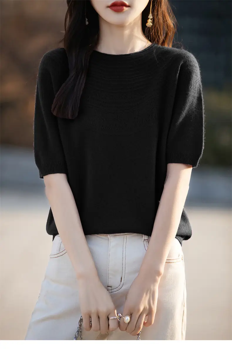 Women's Black Ribbed Short Sleeve Sweater 2025 Spring — feature 33