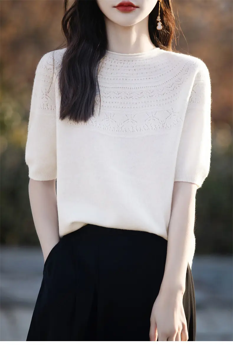 Women's Black Ribbed Short Sleeve Sweater 2025 Spring — feature 34