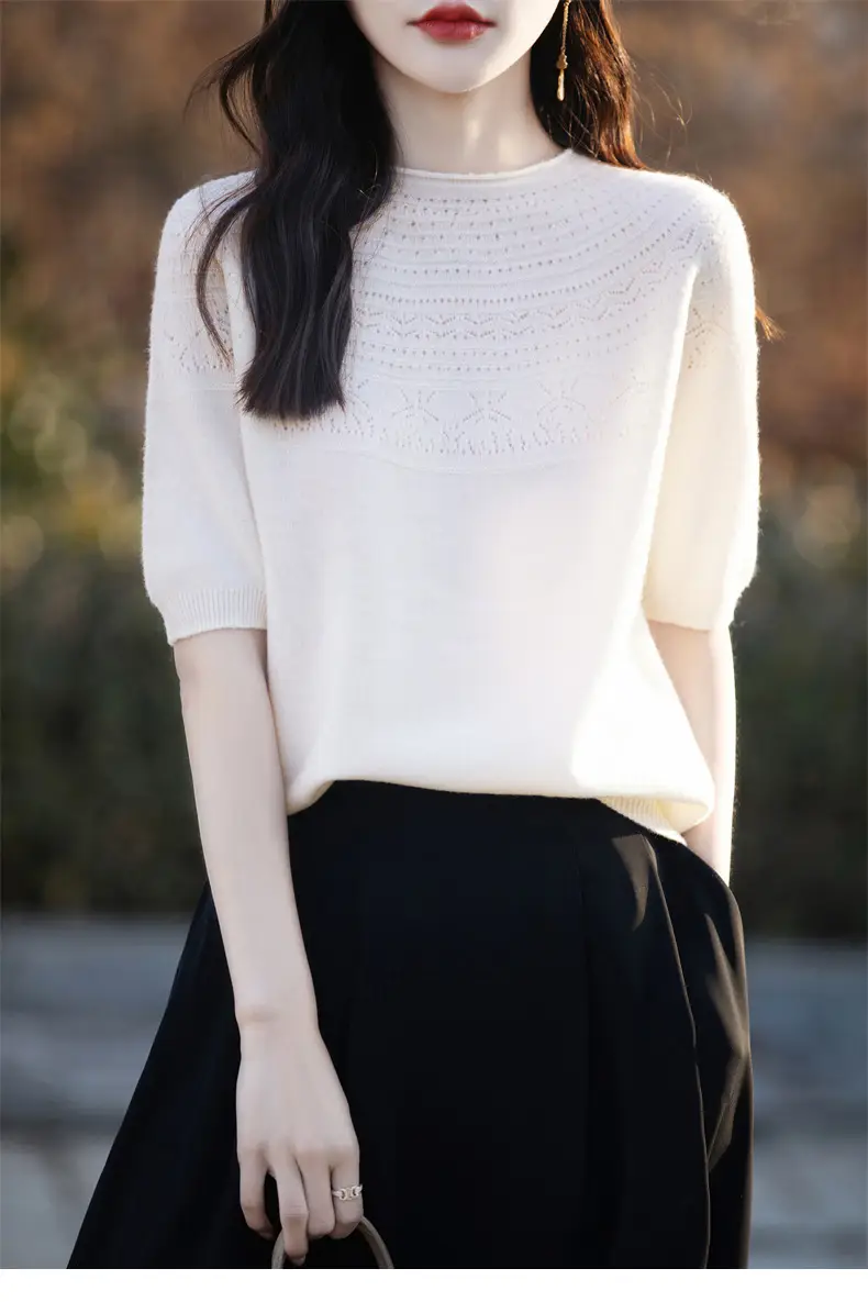 Women's Black Ribbed Short Sleeve Sweater 2025 Spring — feature 35